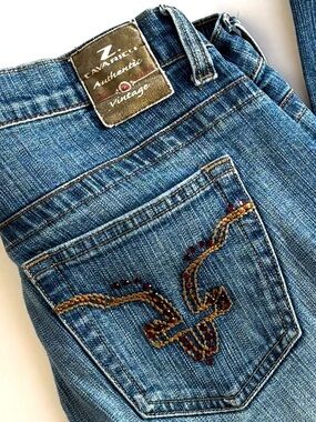 Vintage Z Cavaricci Low Rise Boot Cut Jeans Embroidered Back Pocket Rhinestones